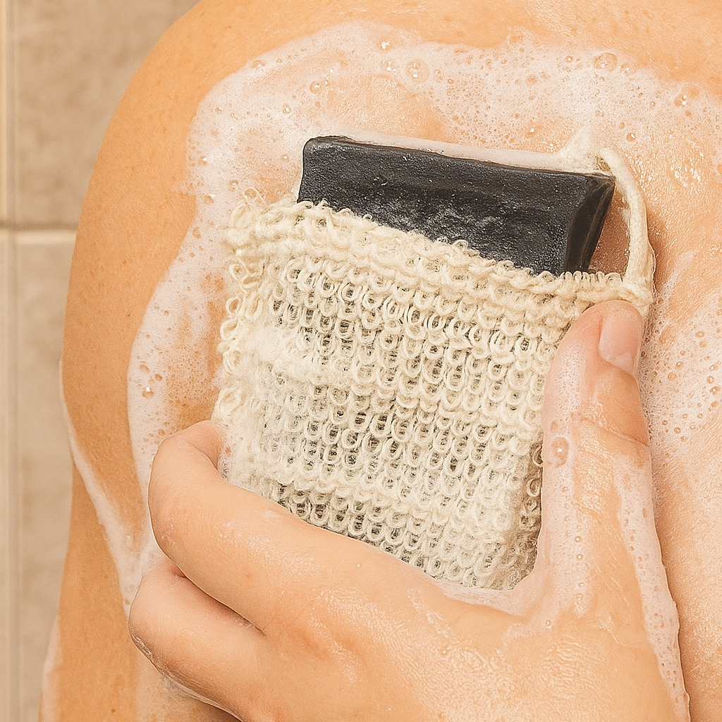 Person using a loofah sponge on their shoulder with soap suds.