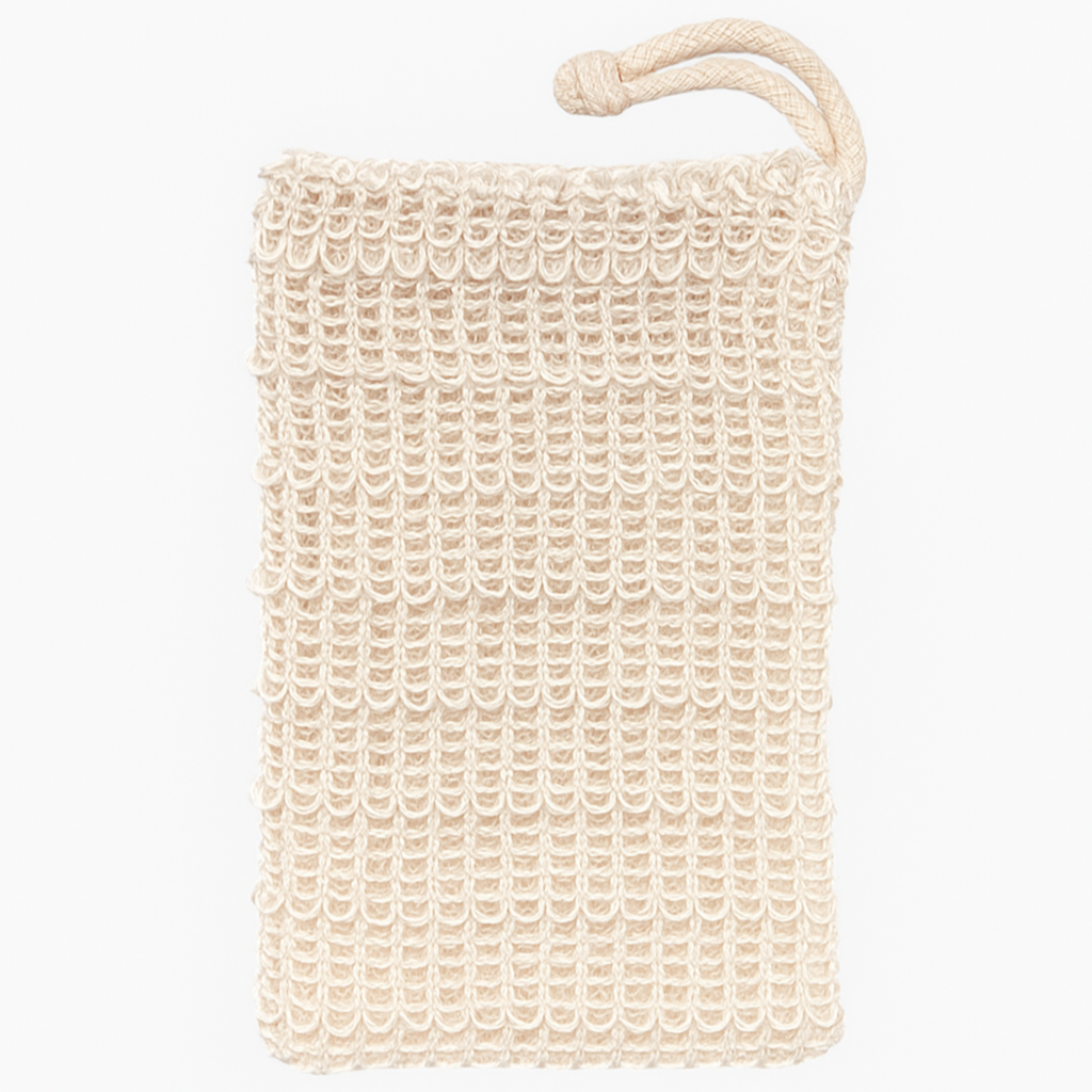 Beige woven soap dish with a handle on a white background