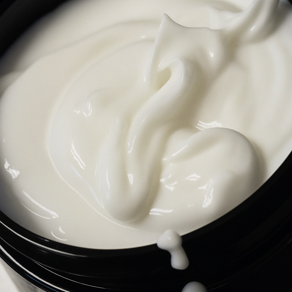 Close-up of a black container with white cream being poured into it